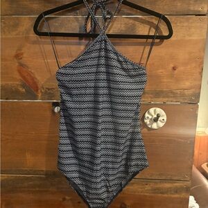 Heatherly Blue Zigzag Halter Bodysuit